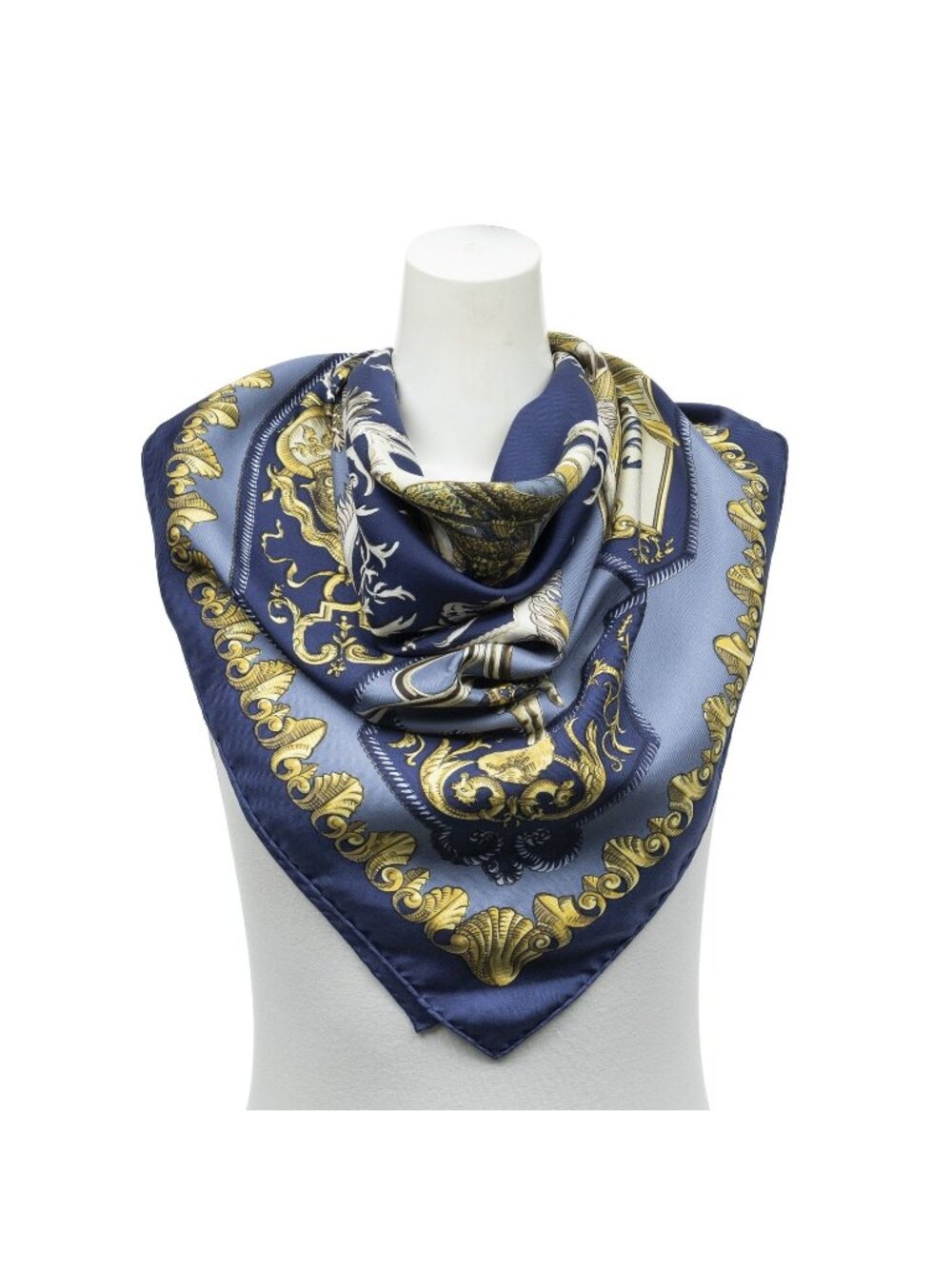 Hermes Scarf Navy Gold Ivory Twill Silk